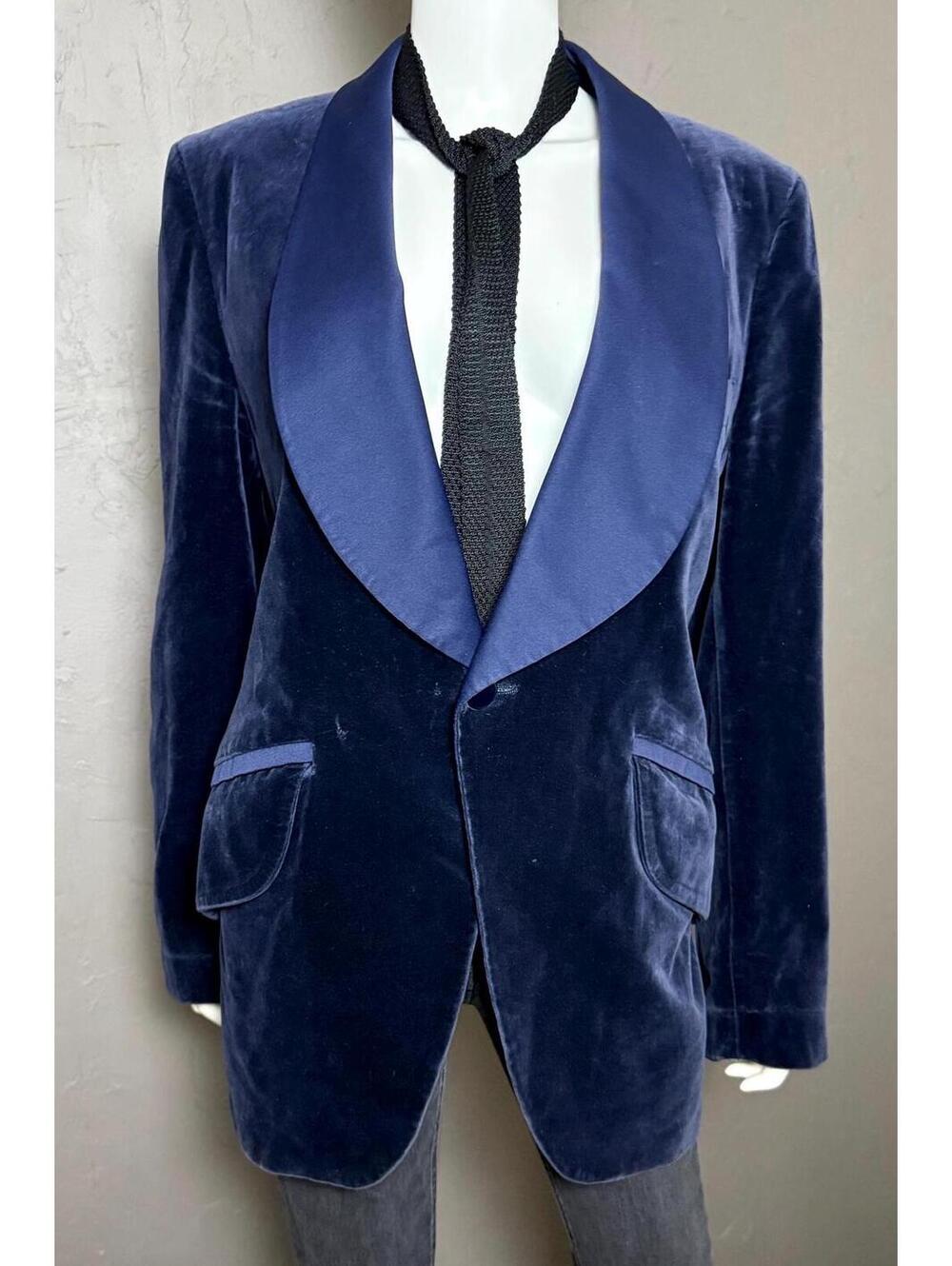 Vintage Blue Velvet Tuxedo Jacket Shawl Collar Tux Blazer size 42